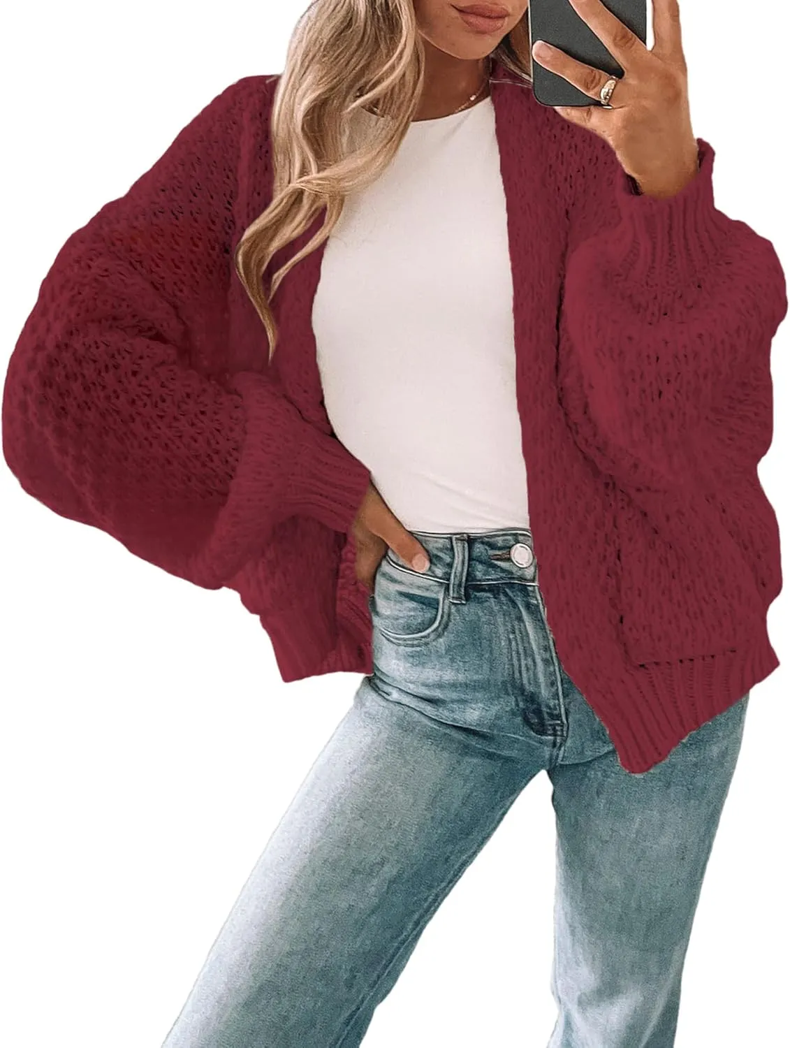 Women's Oversized Cute Crochet Cardigan Fall 2024 Casual Lightweight Hollow Out V Neck Open Front Sweater
