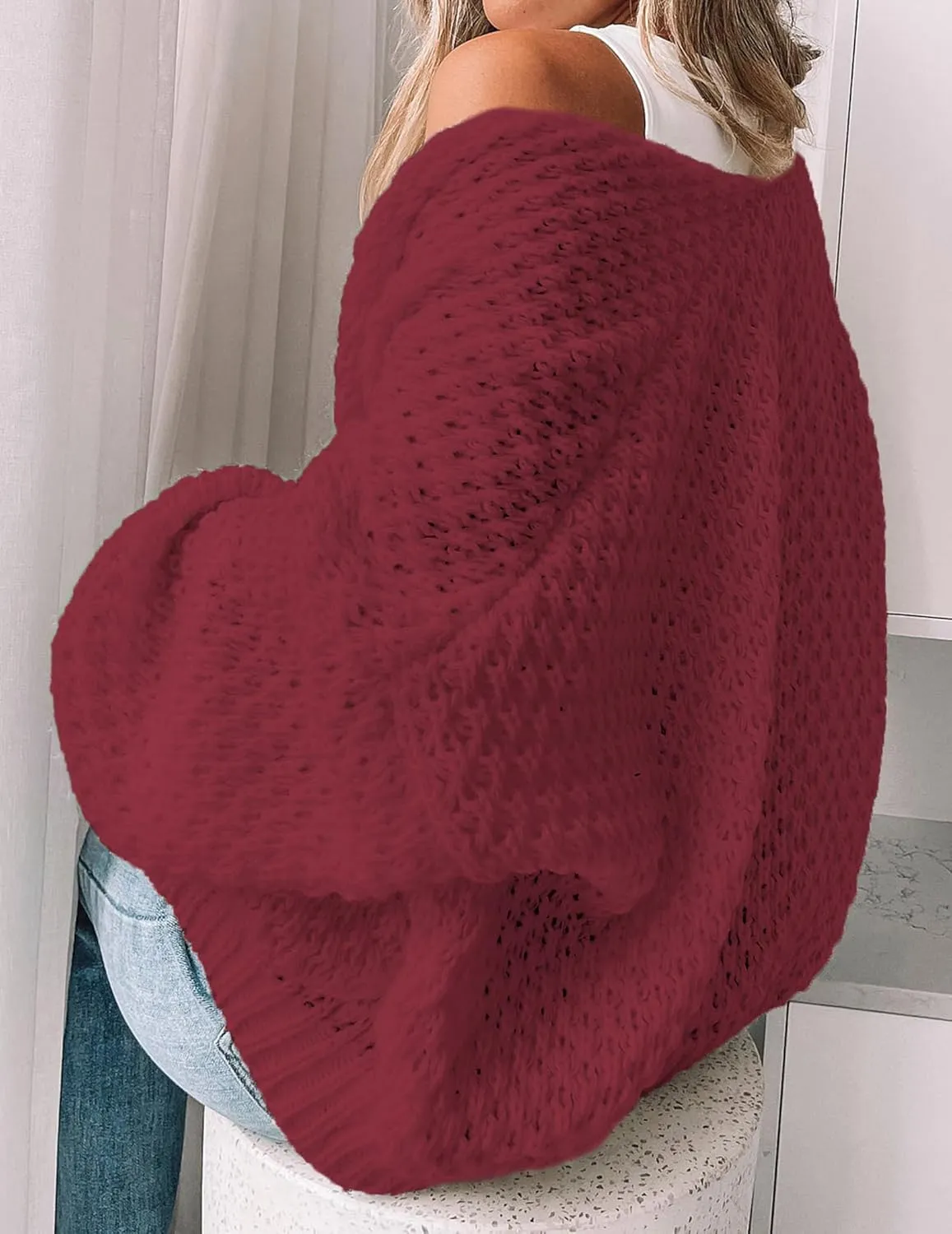Women's Oversized Cute Crochet Cardigan Fall 2024 Casual Lightweight Hollow Out V Neck Open Front Sweater