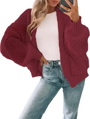 Women's Oversized Cute Crochet Cardigan Fall 2024 Casual Lightweight Hollow Out V Neck Open Front Sweater