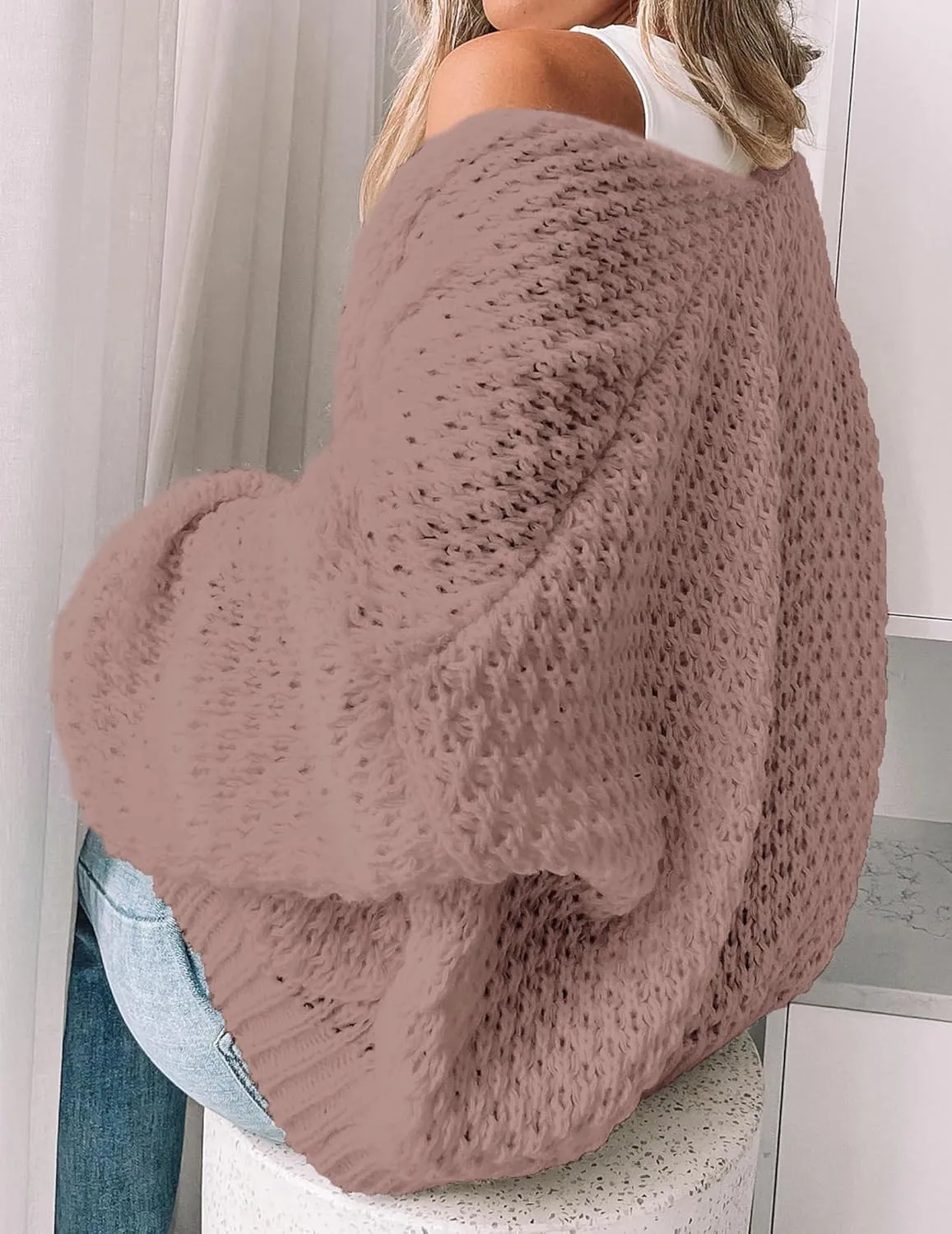 Women's Oversized Cute Crochet Cardigan Fall 2024 Casual Lightweight Hollow Out V Neck Open Front Sweater