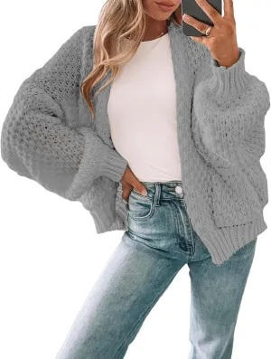 Women's Oversized Cute Crochet Cardigan Fall 2024 Casual Lightweight Hollow Out V Neck Open Front Sweater