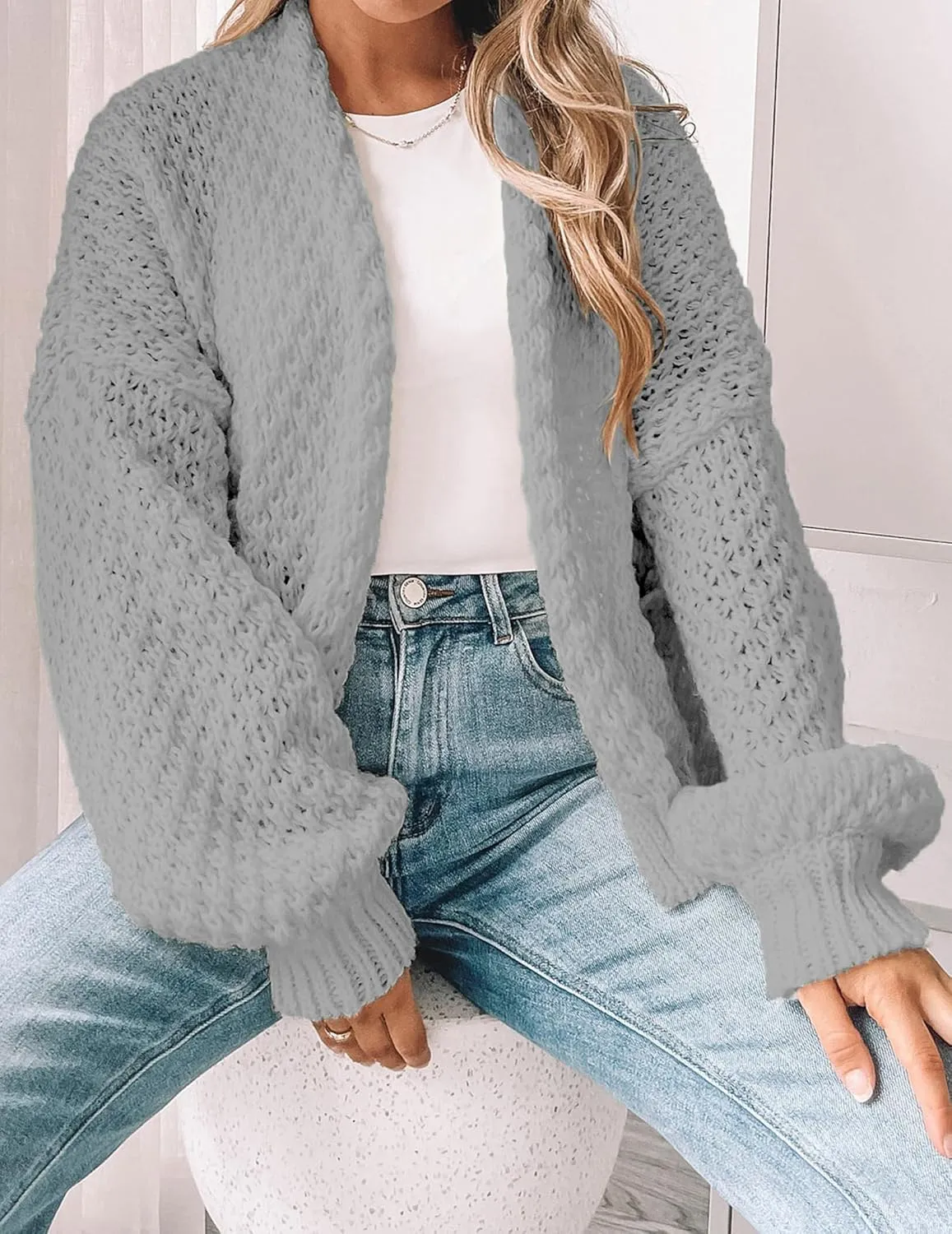 Women's Oversized Cute Crochet Cardigan Fall 2024 Casual Lightweight Hollow Out V Neck Open Front Sweater