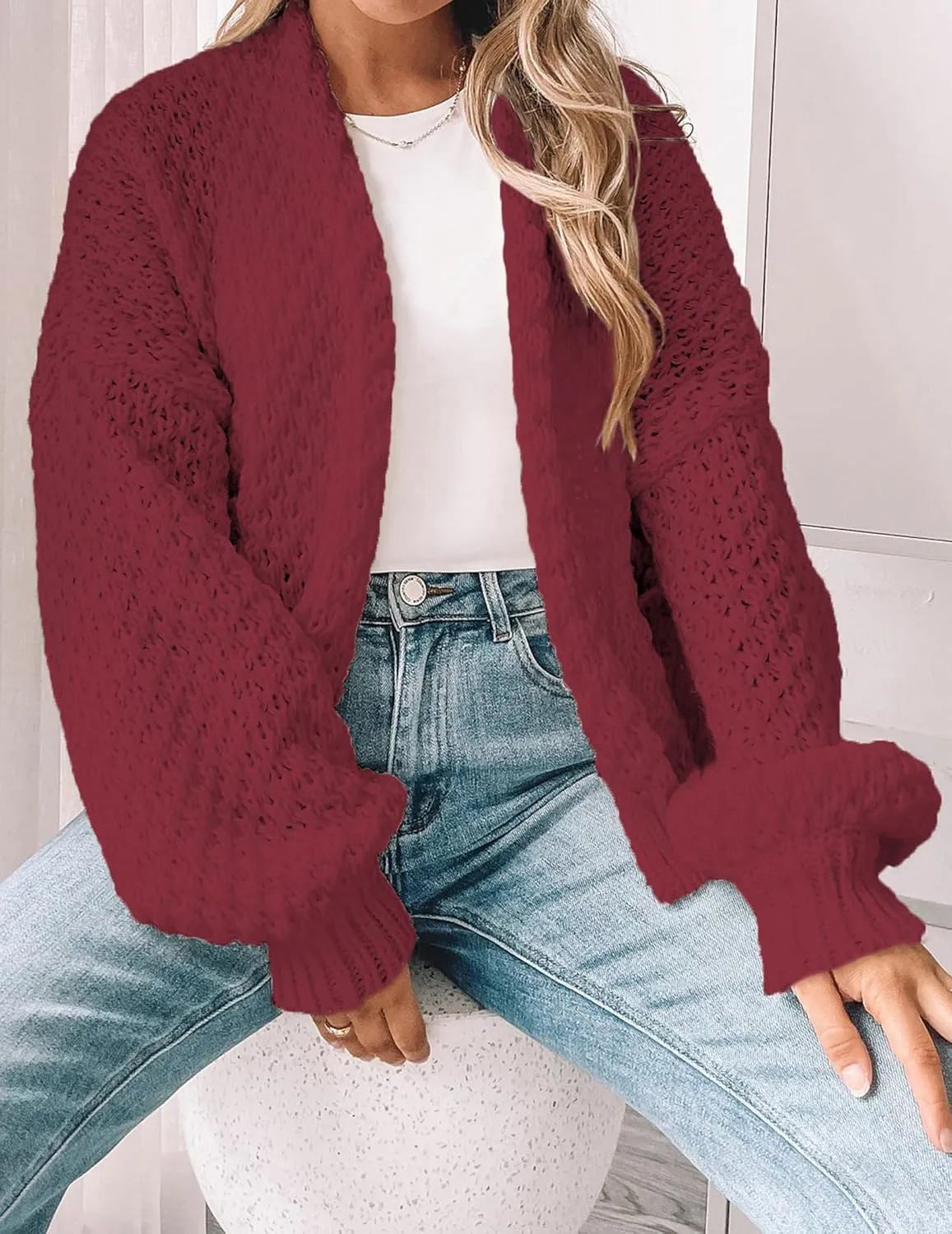 Women's Oversized Cute Crochet Cardigan Fall 2024 Casual Lightweight Hollow Out V Neck Open Front Sweater