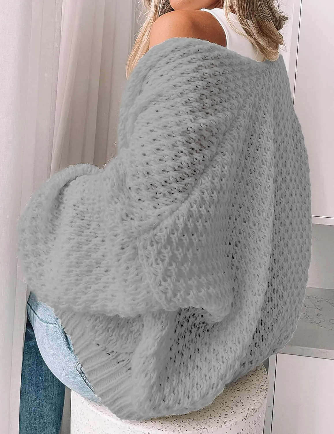 Women's Oversized Cute Crochet Cardigan Fall 2024 Casual Lightweight Hollow Out V Neck Open Front Sweater