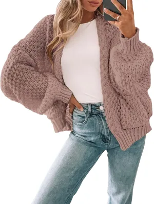 Women's Oversized Cute Crochet Cardigan Fall 2024 Casual Lightweight Hollow Out V Neck Open Front Sweater