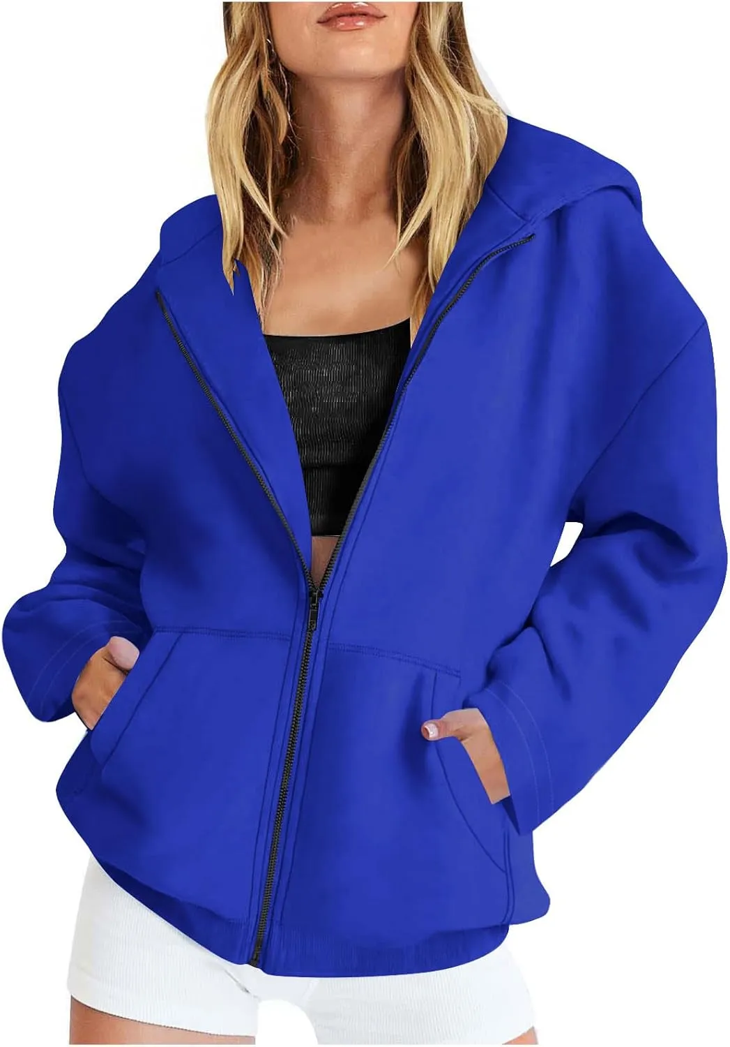 Women's Oversized Hoodies for Women Zip Up Long Sleeve Sweatshirt Casual Plain Hooded Jackets Cute Coat with Pockets