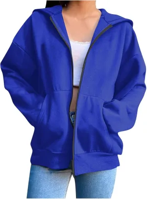Women's Oversized Hoodies for Women Zip Up Long Sleeve Sweatshirt Casual Plain Hooded Jackets Cute Coat with Pockets