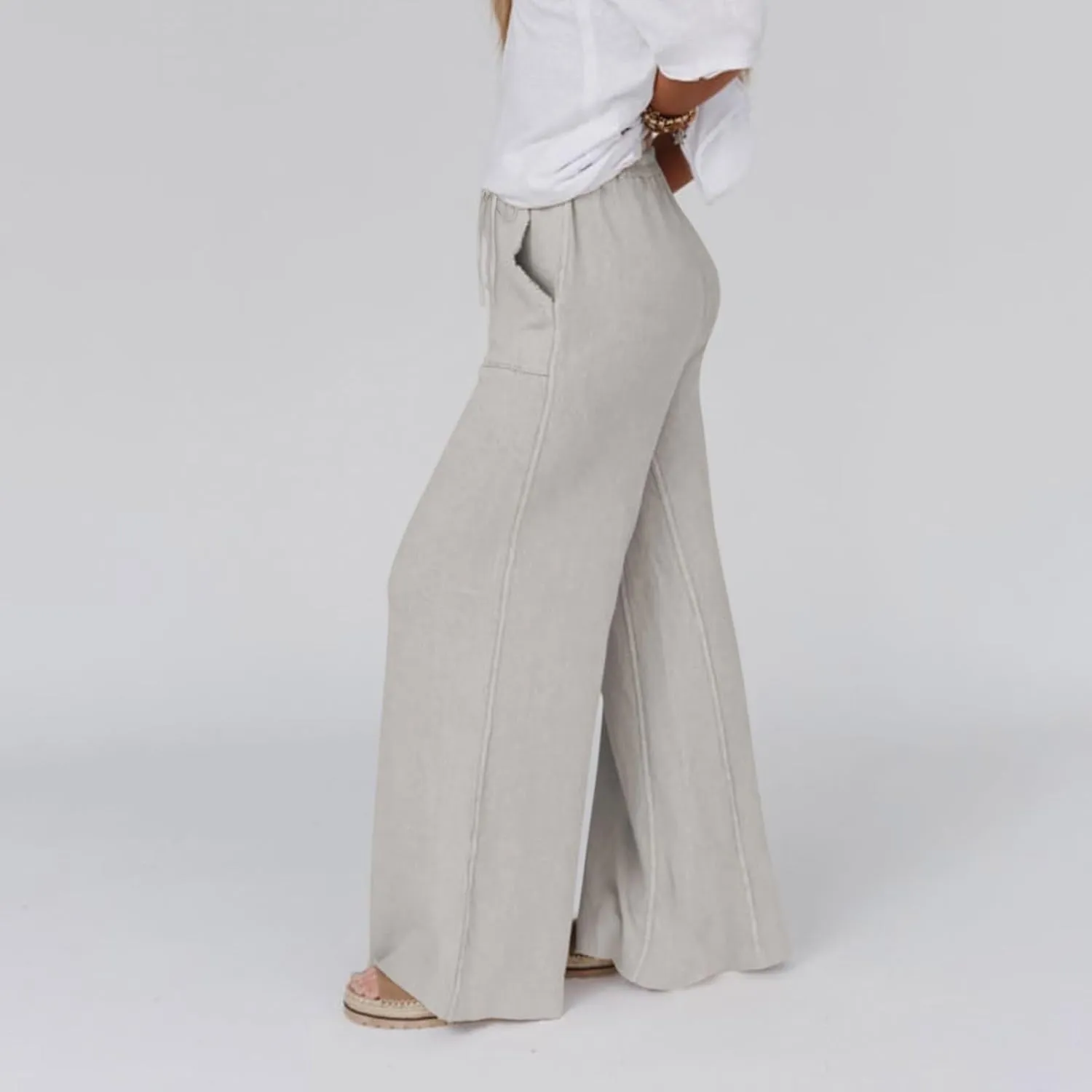 Women's Palazzo Pants High Waisted Boho Casual Drawstring Linen Pants Trousers with Pockets Linen Blend Cargo Pants