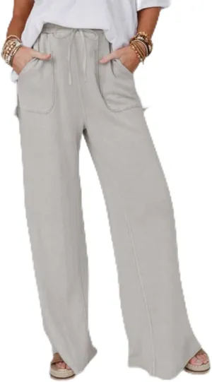Women's Palazzo Pants High Waisted Boho Casual Drawstring Linen Pants Trousers with Pockets Linen Blend Cargo Pants