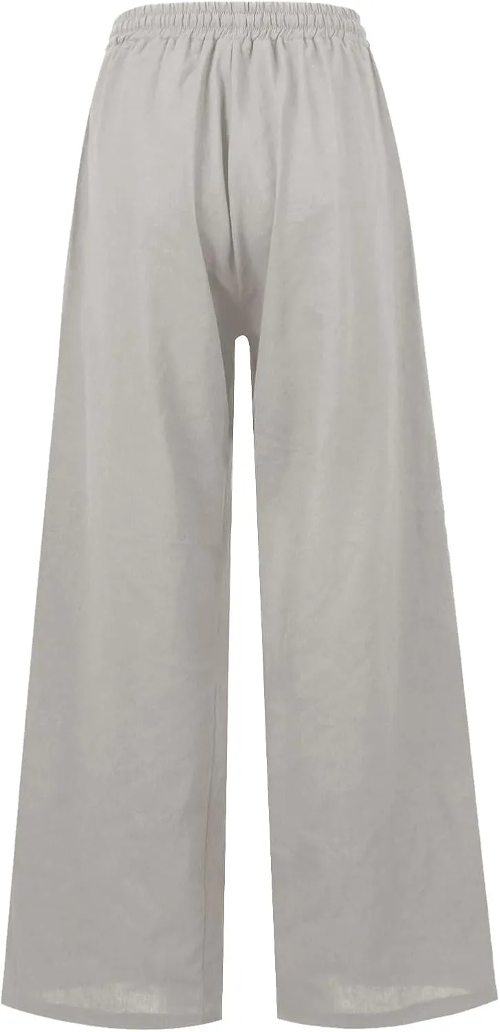 Women's Palazzo Pants High Waisted Boho Casual Drawstring Linen Pants Trousers with Pockets Linen Blend Cargo Pants