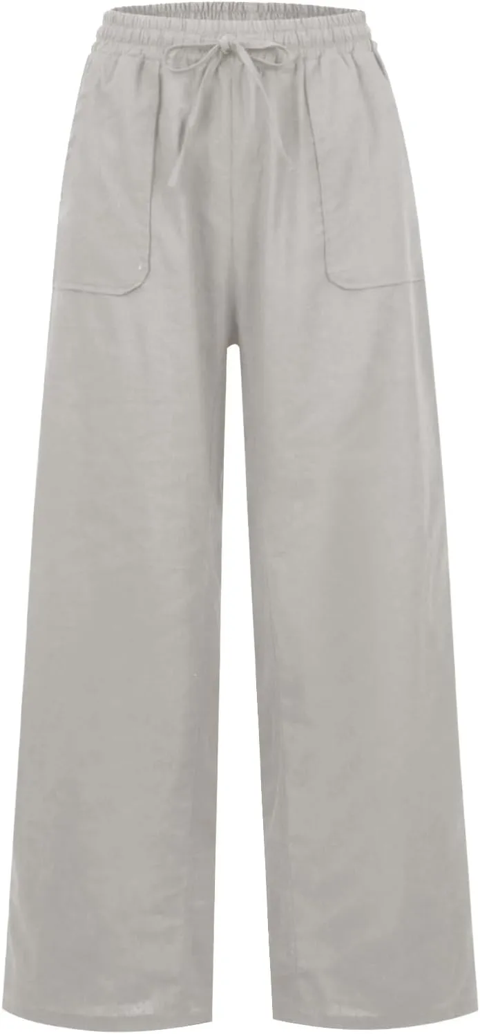 Women's Palazzo Pants High Waisted Boho Casual Drawstring Linen Pants Trousers with Pockets Linen Blend Cargo Pants