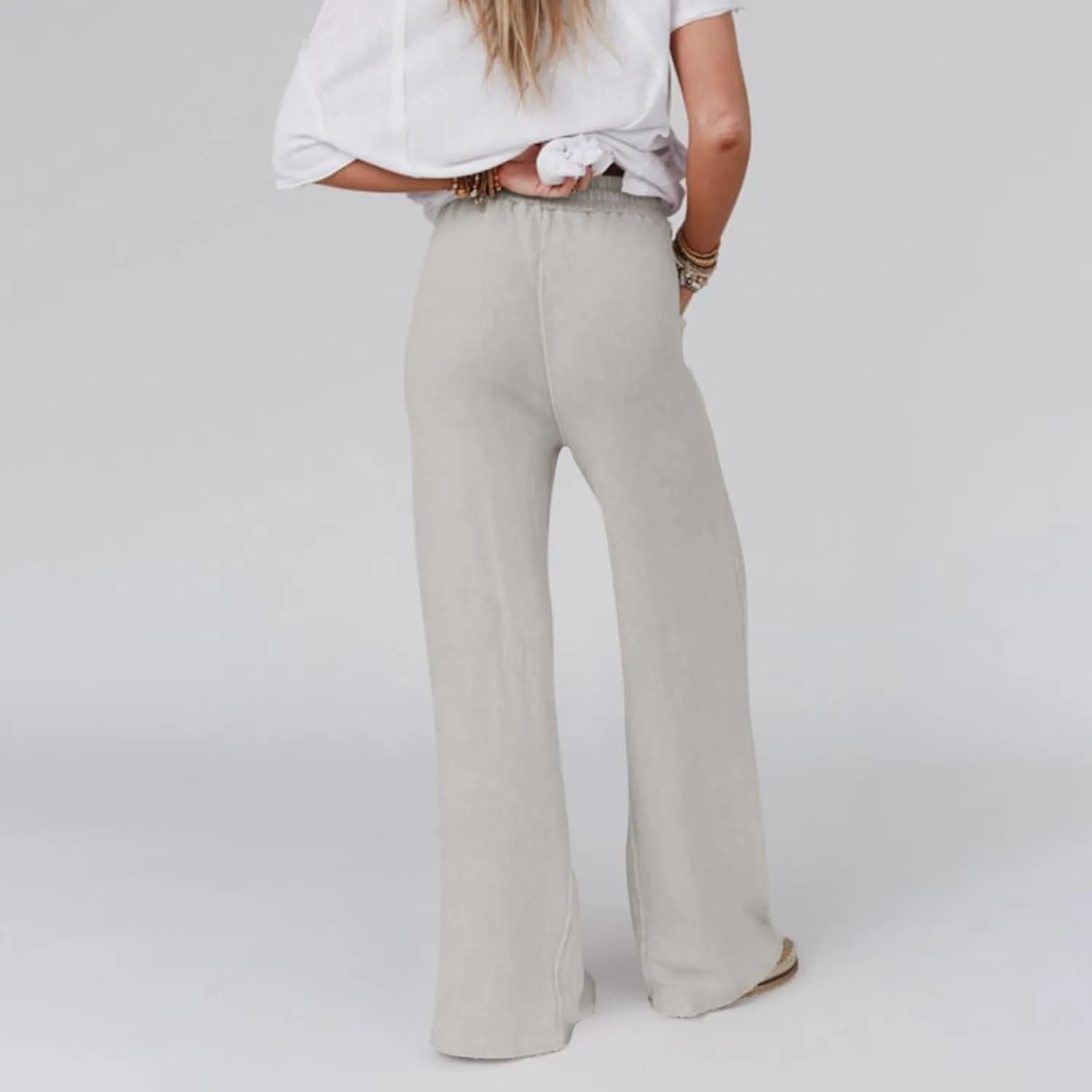 Women's Palazzo Pants High Waisted Boho Casual Drawstring Linen Pants Trousers with Pockets Linen Blend Cargo Pants
