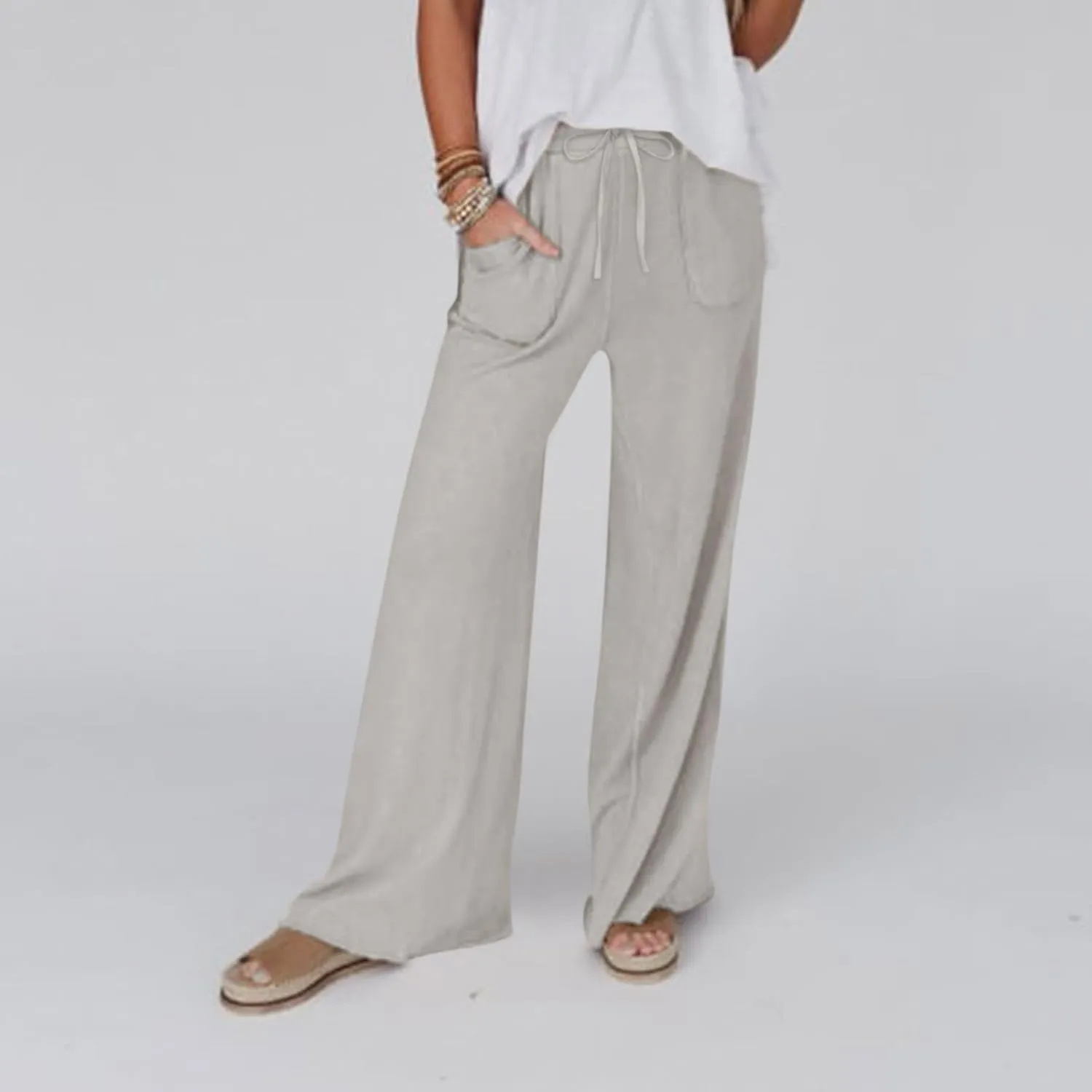 Women's Palazzo Pants High Waisted Boho Casual Drawstring Linen Pants Trousers with Pockets Linen Blend Cargo Pants