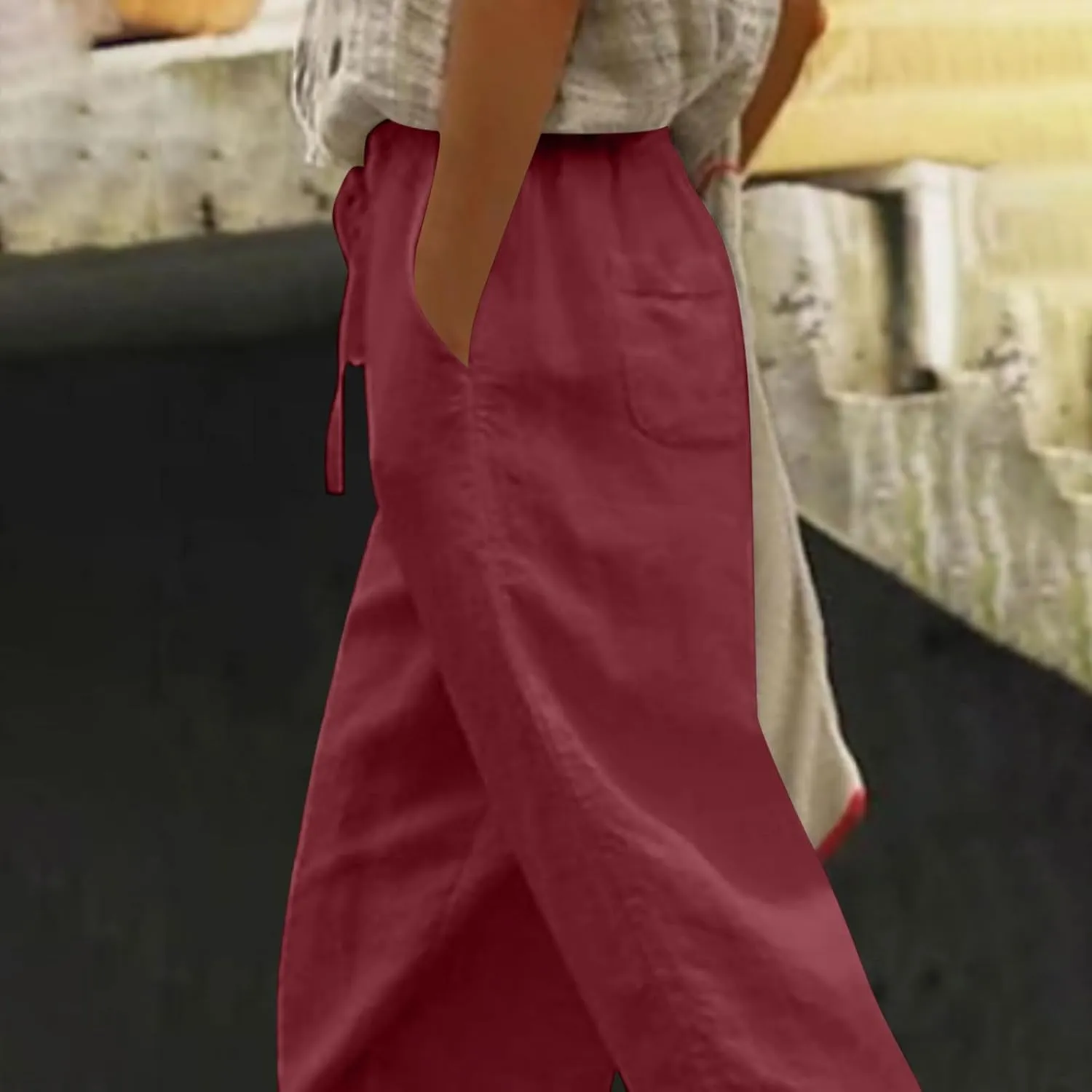Women's Palazzo Pants Summer Casual Linen Cotton Elastic Waist Baggy Flowy Trousers Vacation Outfits with Pockets