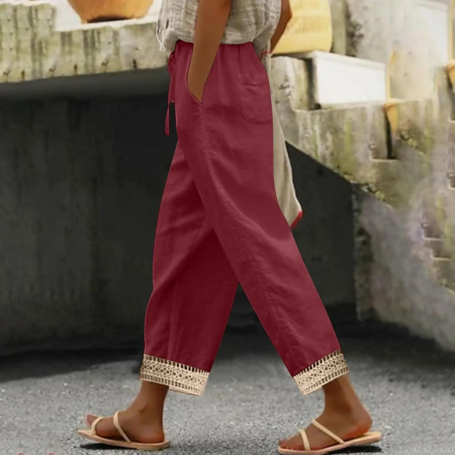 Women's Palazzo Pants Summer Casual Linen Cotton Elastic Waist Baggy Flowy Trousers Vacation Outfits with Pockets