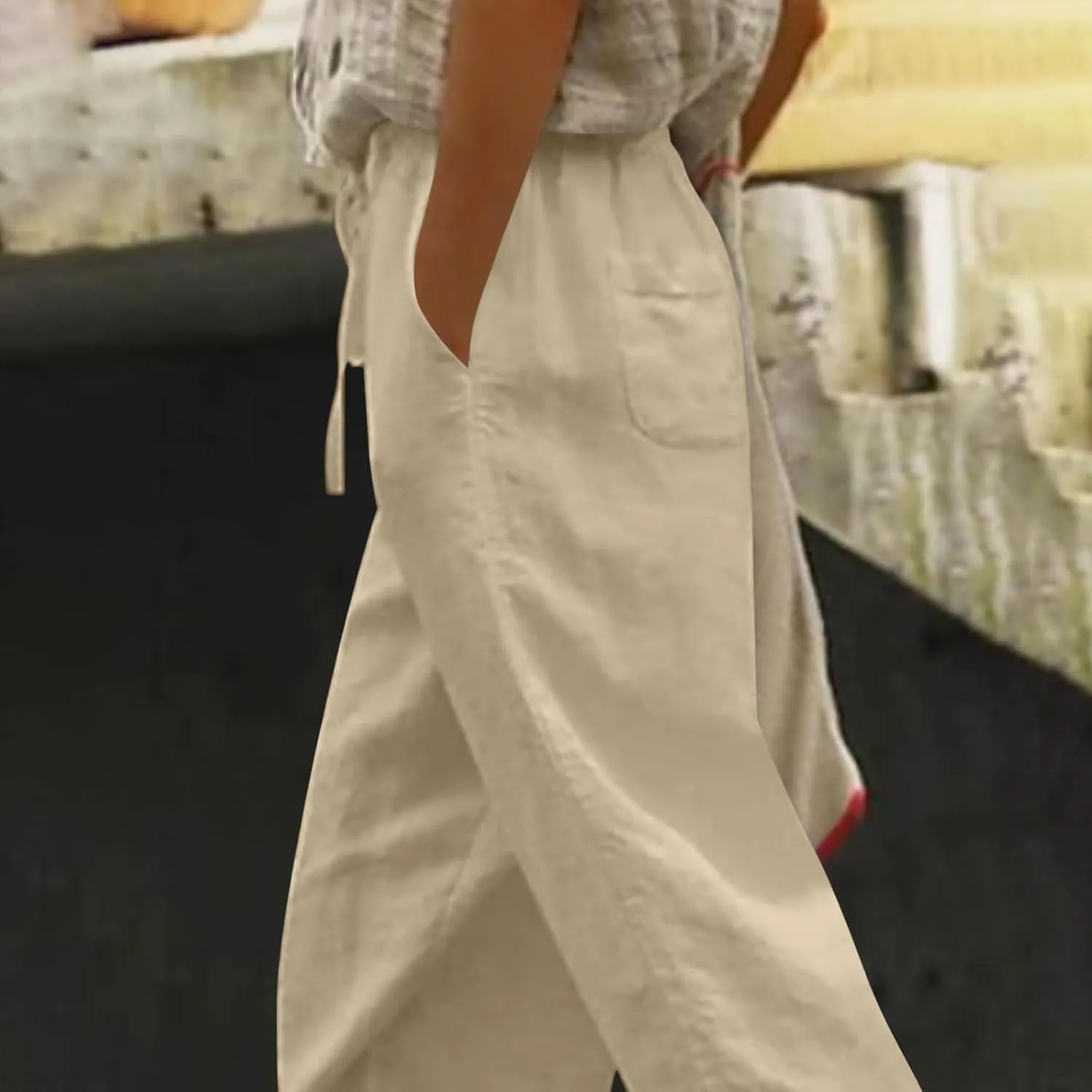 Women's Palazzo Pants Summer Casual Linen Cotton Elastic Waist Baggy Flowy Trousers Vacation Outfits with Pockets