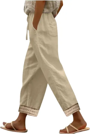 Women's Palazzo Pants Summer Casual Linen Cotton Elastic Waist Baggy Flowy Trousers Vacation Outfits with Pockets