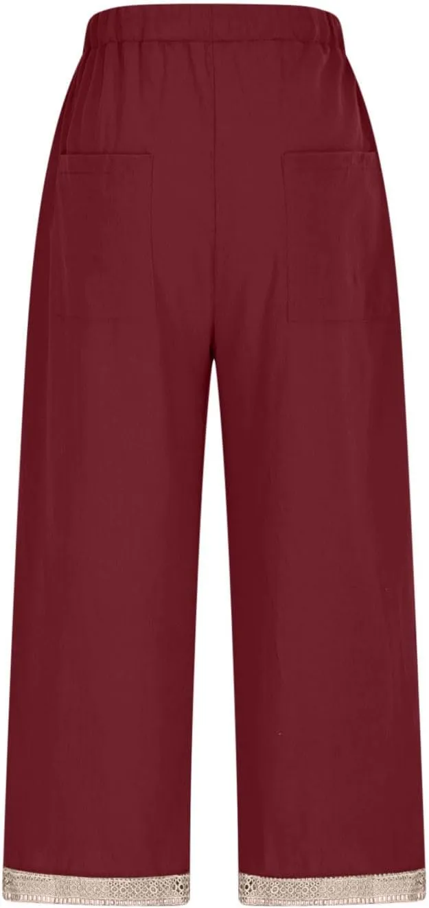 Women's Palazzo Pants Summer Casual Linen Cotton Elastic Waist Baggy Flowy Trousers Vacation Outfits with Pockets
