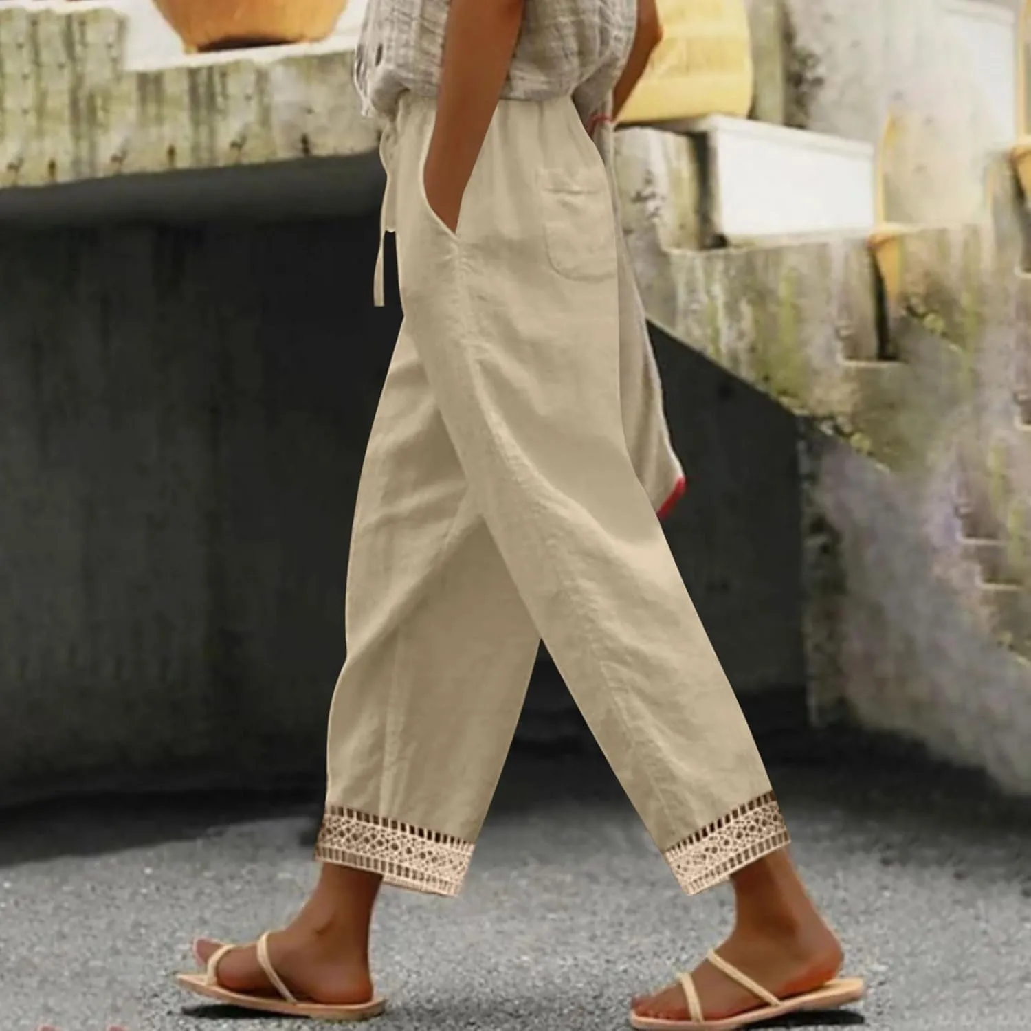 Women's Palazzo Pants Summer Casual Linen Cotton Elastic Waist Baggy Flowy Trousers Vacation Outfits with Pockets