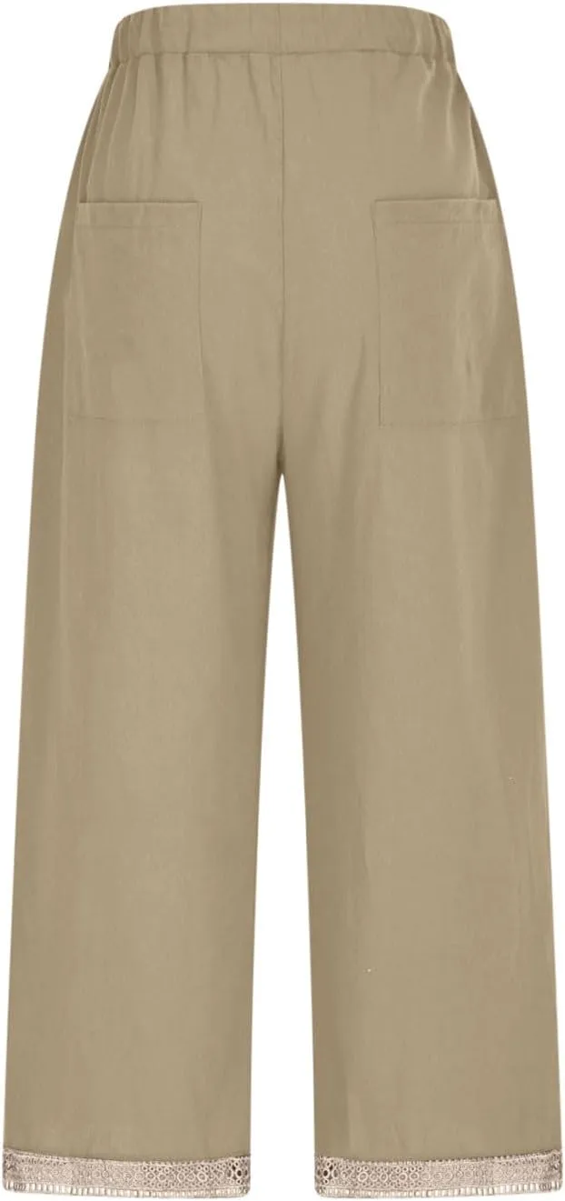 Women's Palazzo Pants Summer Casual Linen Cotton Elastic Waist Baggy Flowy Trousers Vacation Outfits with Pockets