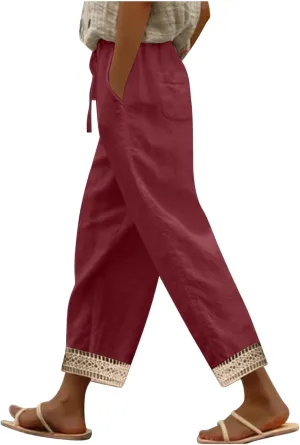 Women's Palazzo Pants Summer Casual Linen Cotton Elastic Waist Baggy Flowy Trousers Vacation Outfits with Pockets