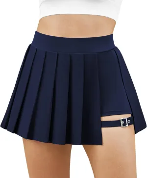 Womens Pleated Tennis Skirt with Pocket High Waisted Athletic Mini Skirts Adjustable Buckle Micro Skorts