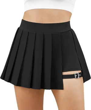 Womens Pleated Tennis Skirt with Pocket High Waisted Athletic Mini Skirts Adjustable Buckle Micro Skorts