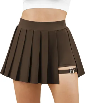 Womens Pleated Tennis Skirt with Pocket High Waisted Athletic Mini Skirts Adjustable Buckle Micro Skorts