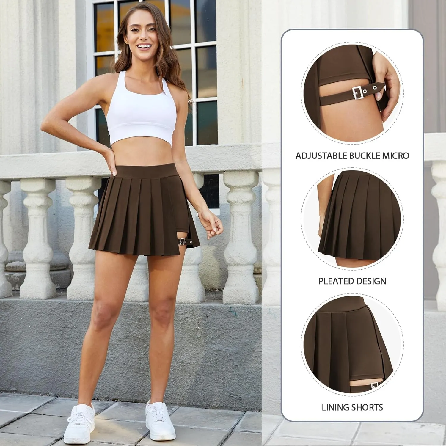 Womens Pleated Tennis Skirt with Pocket High Waisted Athletic Mini Skirts Adjustable Buckle Micro Skorts