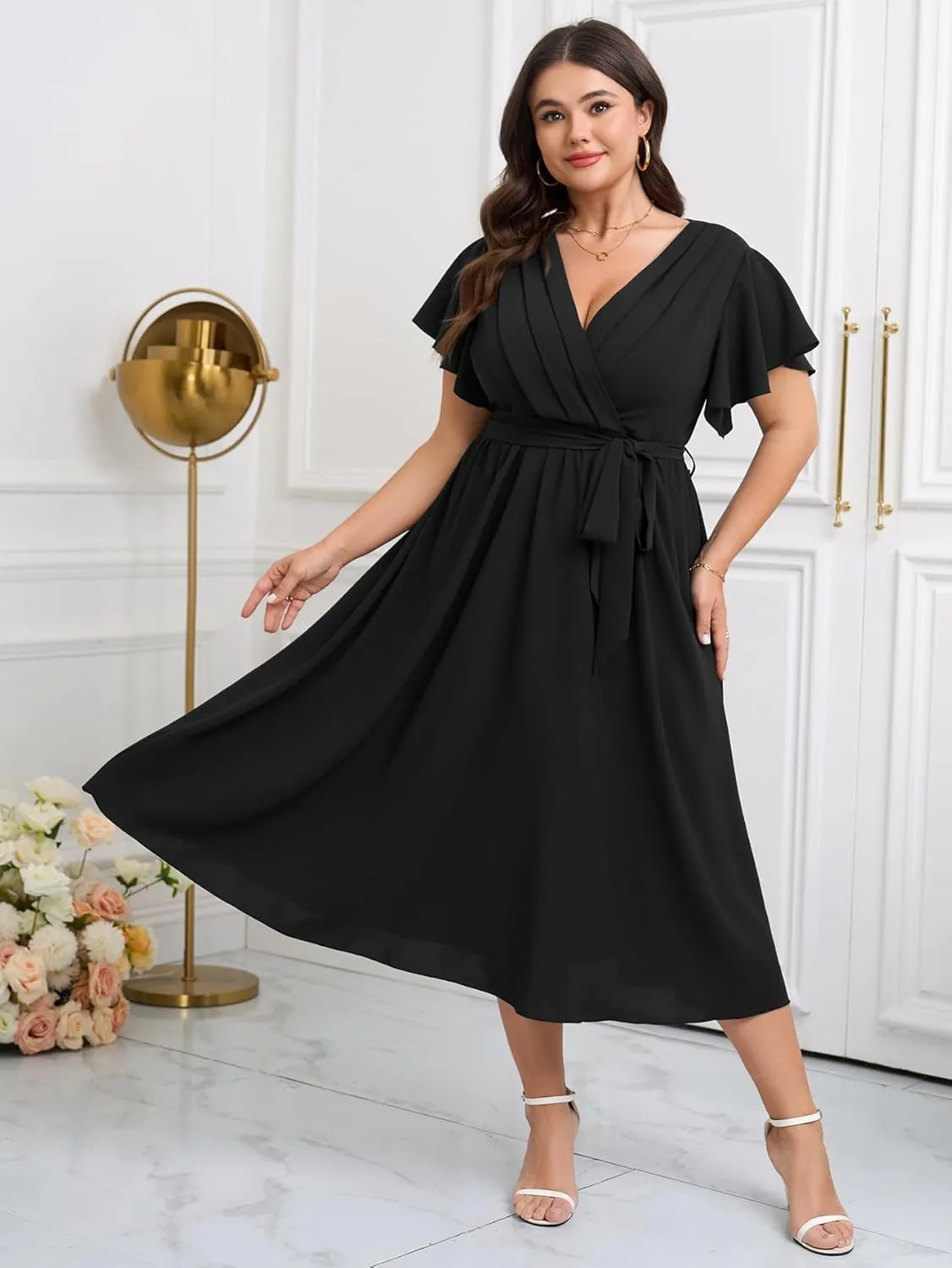 Womens Plus Size Dress Wedding Guest Cocktail Pleated V Neck Wrap V Neck Flowy A Line Midi Dresses with Belt