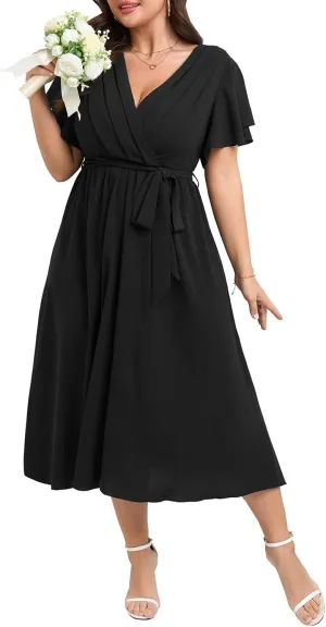 Womens Plus Size Dress Wedding Guest Cocktail Pleated V Neck Wrap V Neck Flowy A Line Midi Dresses with Belt