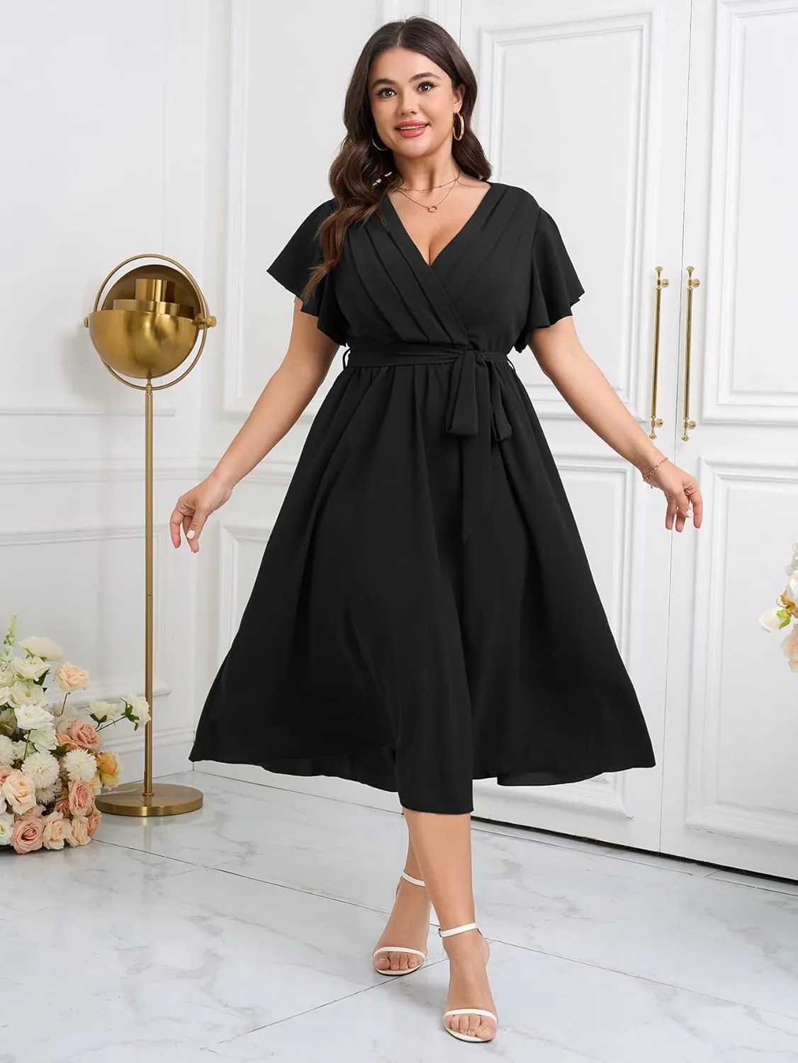 Womens Plus Size Dress Wedding Guest Cocktail Pleated V Neck Wrap V Neck Flowy A Line Midi Dresses with Belt