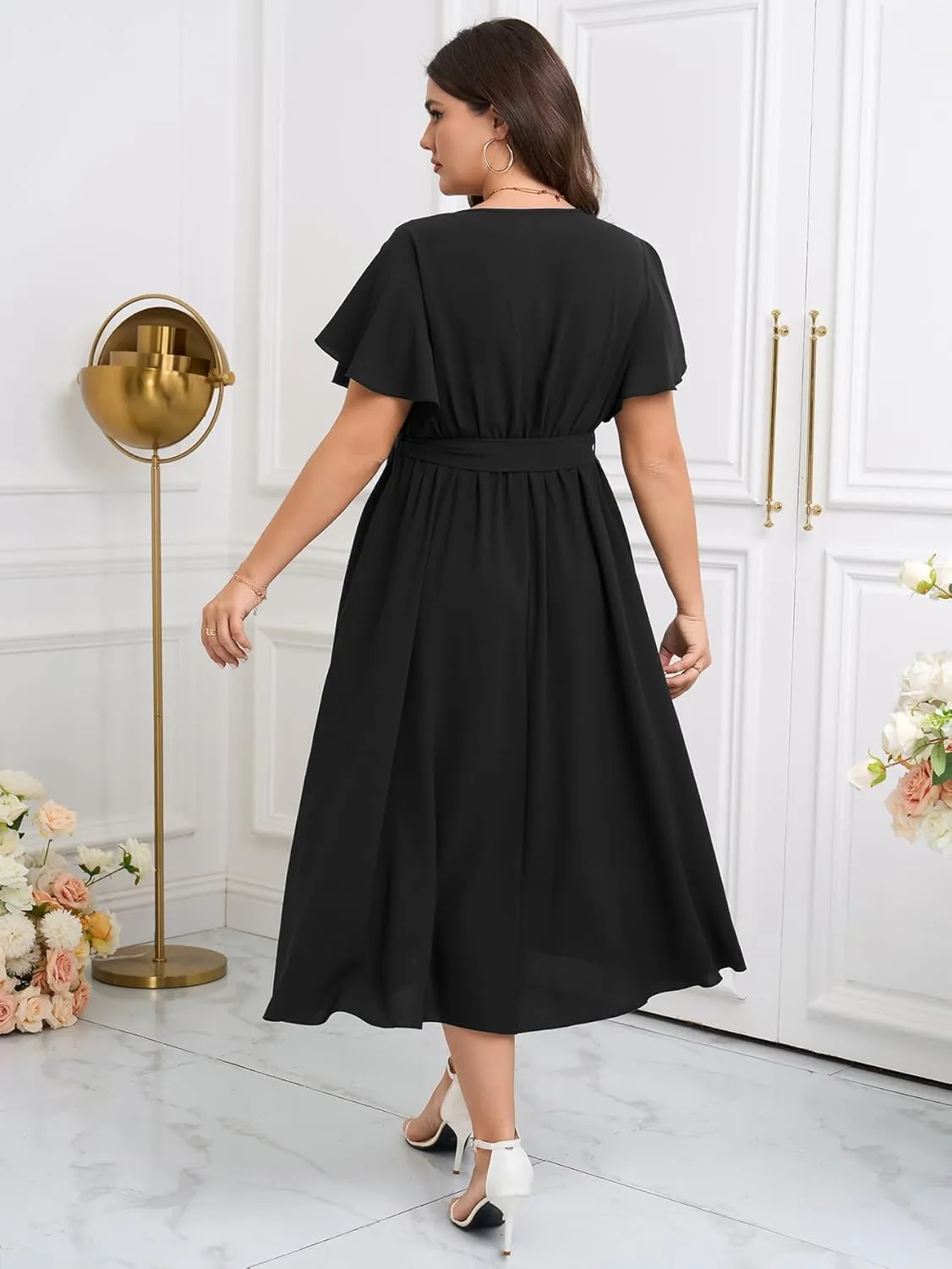 Womens Plus Size Dress Wedding Guest Cocktail Pleated V Neck Wrap V Neck Flowy A Line Midi Dresses with Belt