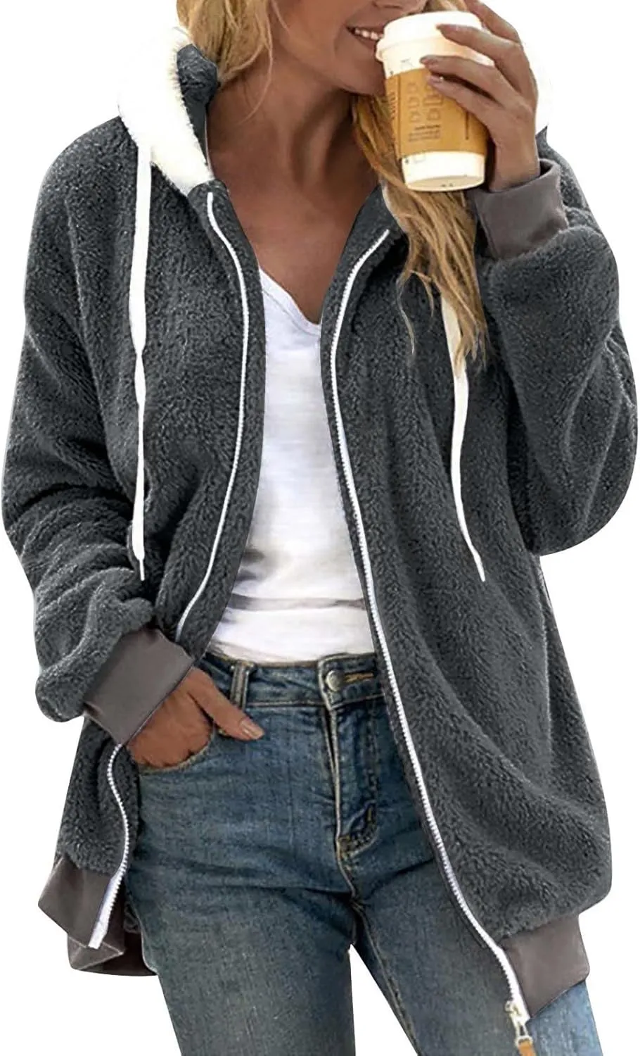 Womens Plus Size Fuzzy Fleece Jacket Winter Full Zip Plush Hooded Cardigan Coats Soft Oversized Shaggy Warm Outerwear
