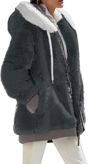 Womens Plus Size Fuzzy Fleece Jacket Winter Full Zip Plush Hooded Cardigan Coats Soft Oversized Shaggy Warm Outerwear