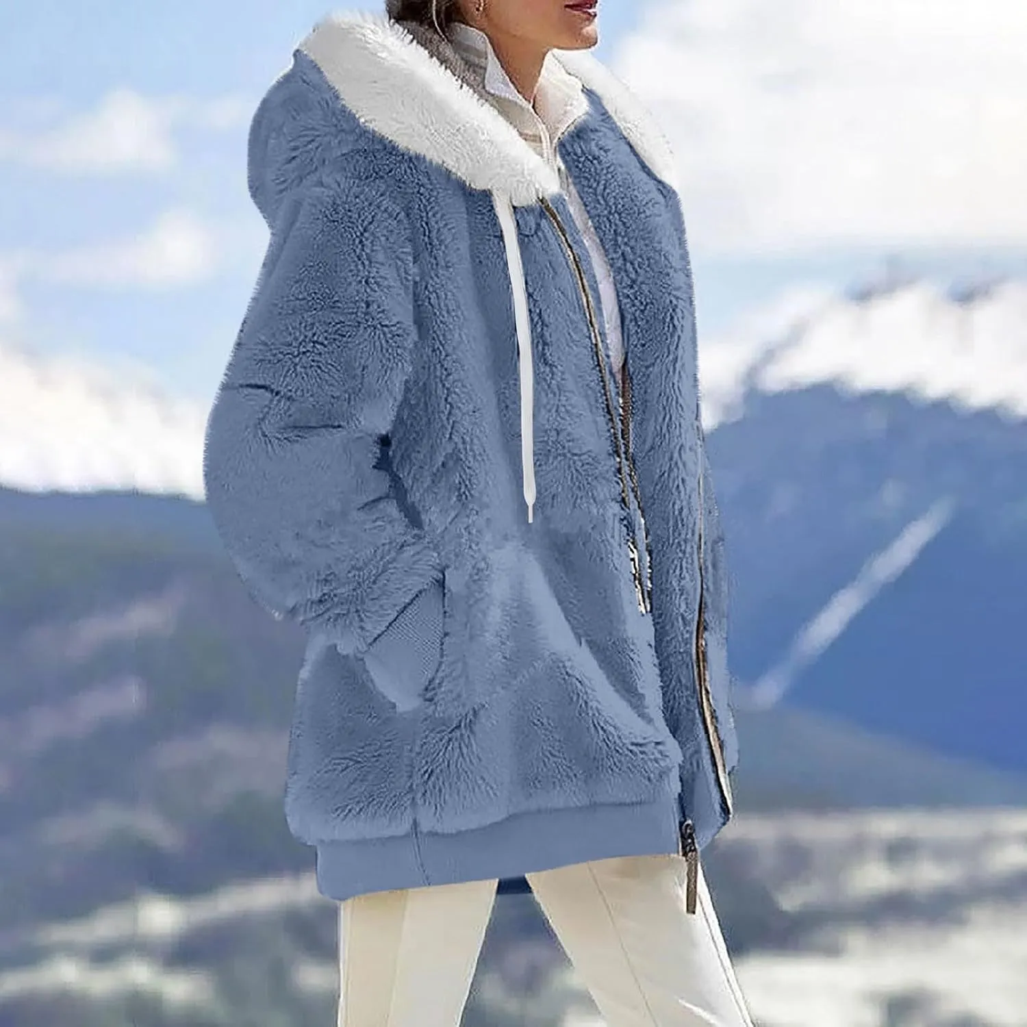 Womens Plus Size Fuzzy Fleece Jacket Winter Full Zip Plush Hooded Cardigan Coats Soft Oversized Shaggy Warm Outerwear
