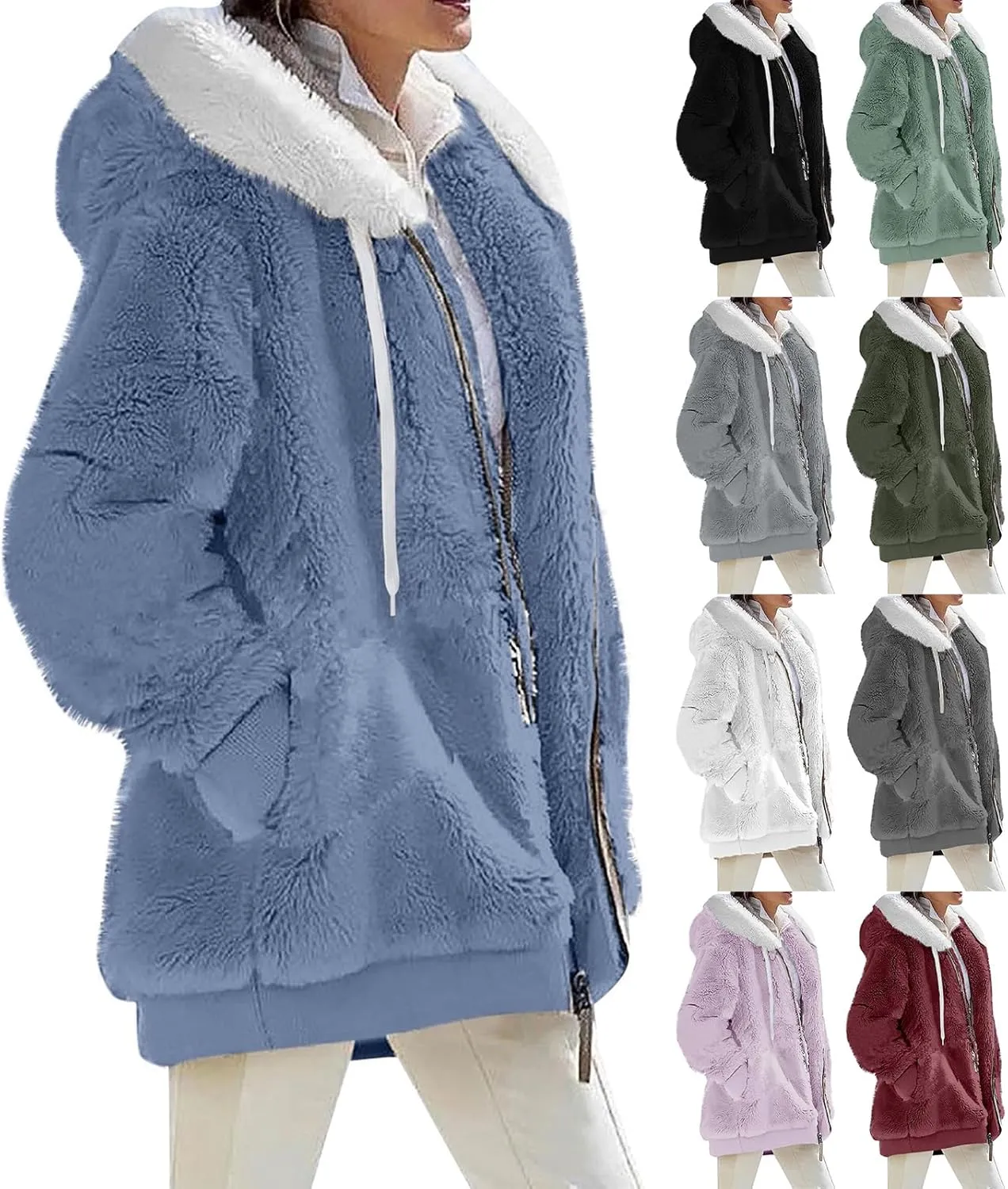 Womens Plus Size Fuzzy Fleece Jacket Winter Full Zip Plush Hooded Cardigan Coats Soft Oversized Shaggy Warm Outerwear