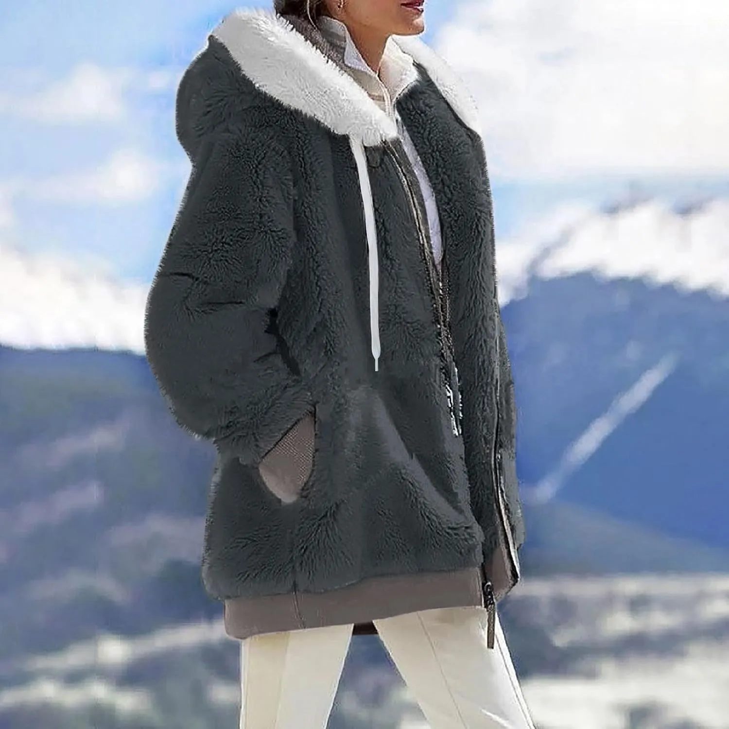 Womens Plus Size Fuzzy Fleece Jacket Winter Full Zip Plush Hooded Cardigan Coats Soft Oversized Shaggy Warm Outerwear