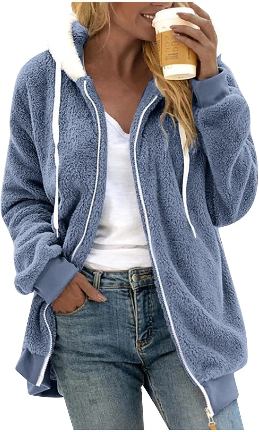 Womens Plus Size Fuzzy Fleece Jacket Winter Full Zip Plush Hooded Cardigan Coats Soft Oversized Shaggy Warm Outerwear