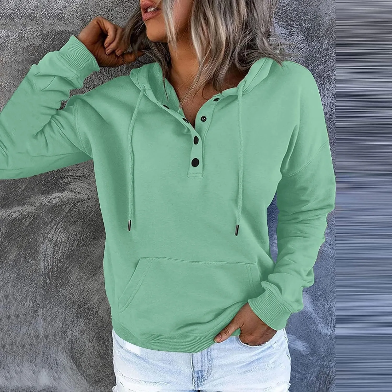 Women's Pullover Hoodies Tops Casual Button Down Long Sleeve Hooded Sweatshirts With Kangaroo Pocket Trendy 2023