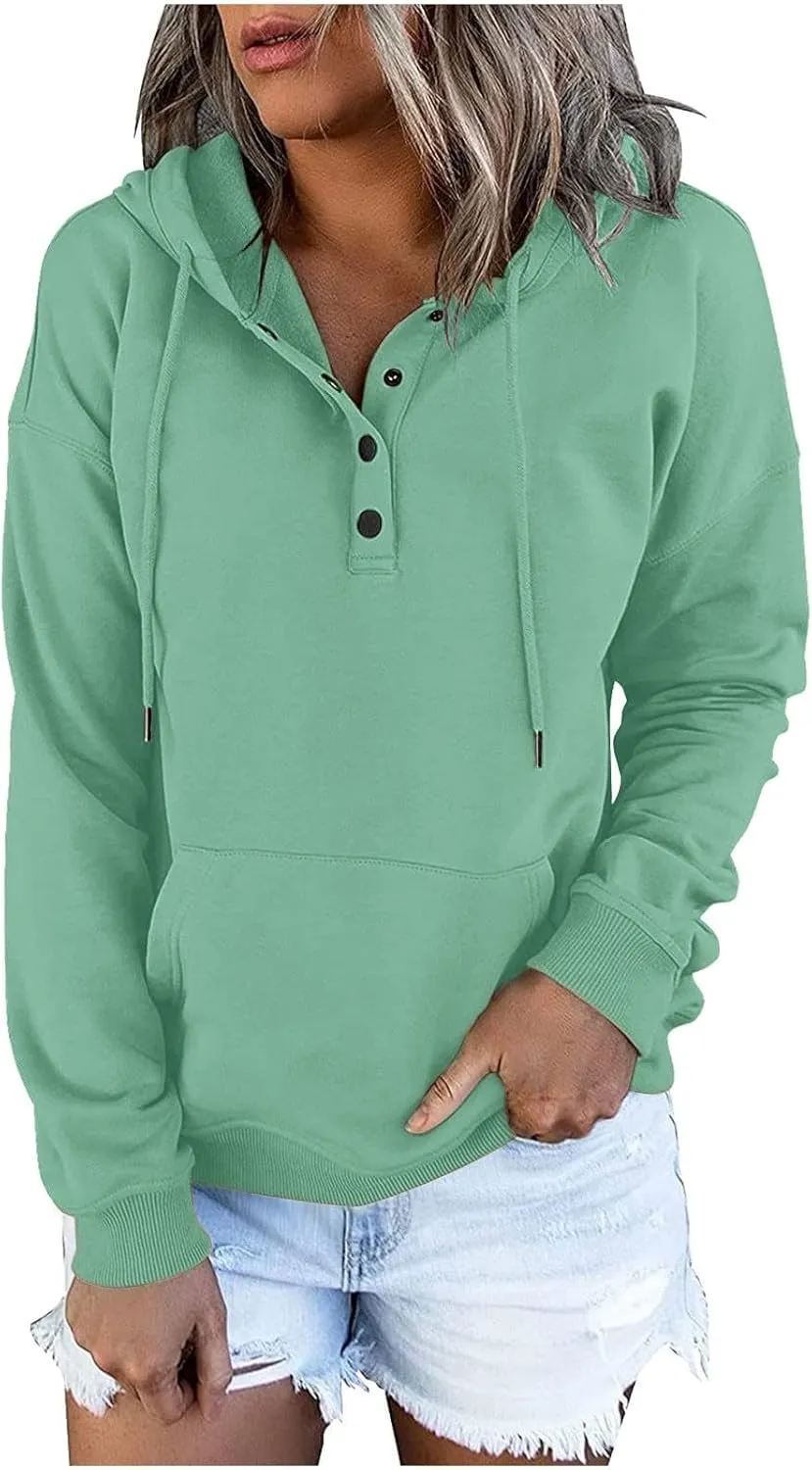 Women's Pullover Hoodies Tops Casual Button Down Long Sleeve Hooded Sweatshirts With Kangaroo Pocket Trendy 2023