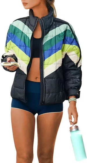 Women's Quilted Jackets Oversized Packable Shine Puffer Coat Long Sleeve Zip Up Outerwear Pullover with Pockets