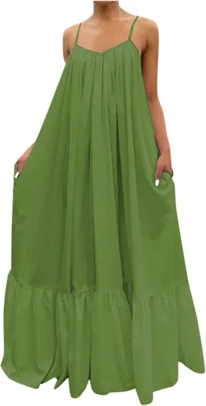 Womens Sexy Sleeveless Spaghetti Strap Dress Ruched Ruffle Hem Beach Sundress Loose Long Boho Maxi Swing Dresses