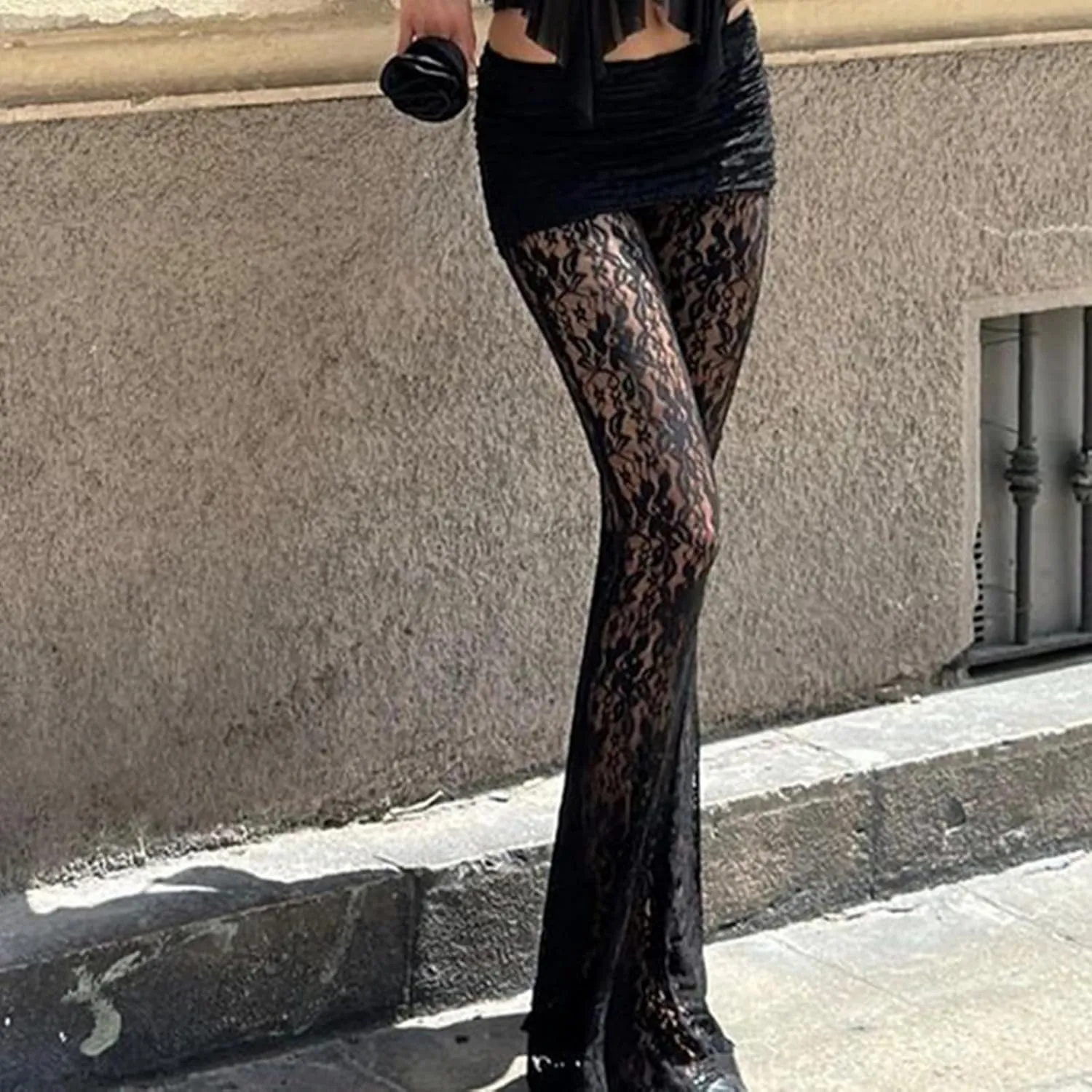 Women's Sheer Lace Flare Pants Sexy See Through High Waist Leggings Gothic Floral Bell-Bottoms Trousers Streetwear