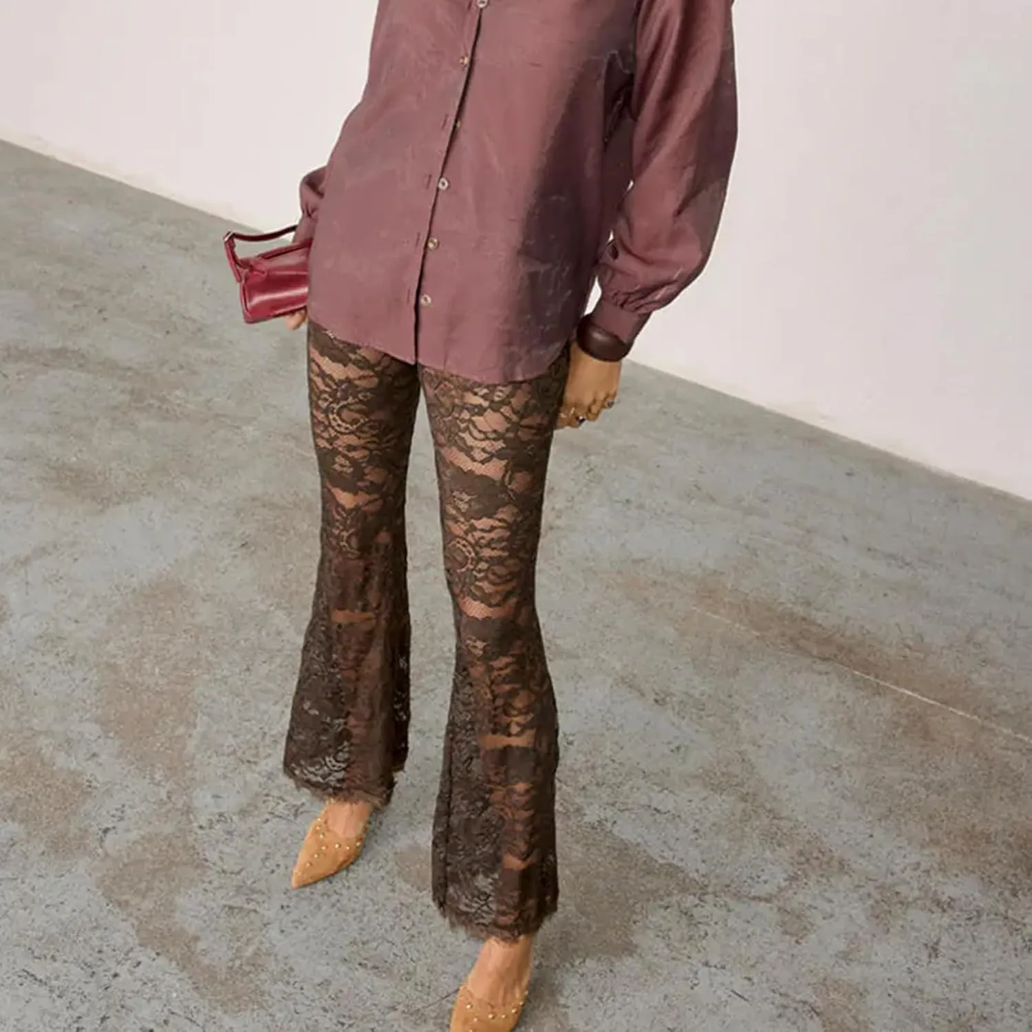 Women's Sheer Lace Flare Pants Sexy See Through High Waist Leggings Gothic Floral Bell-Bottoms Trousers Streetwear
