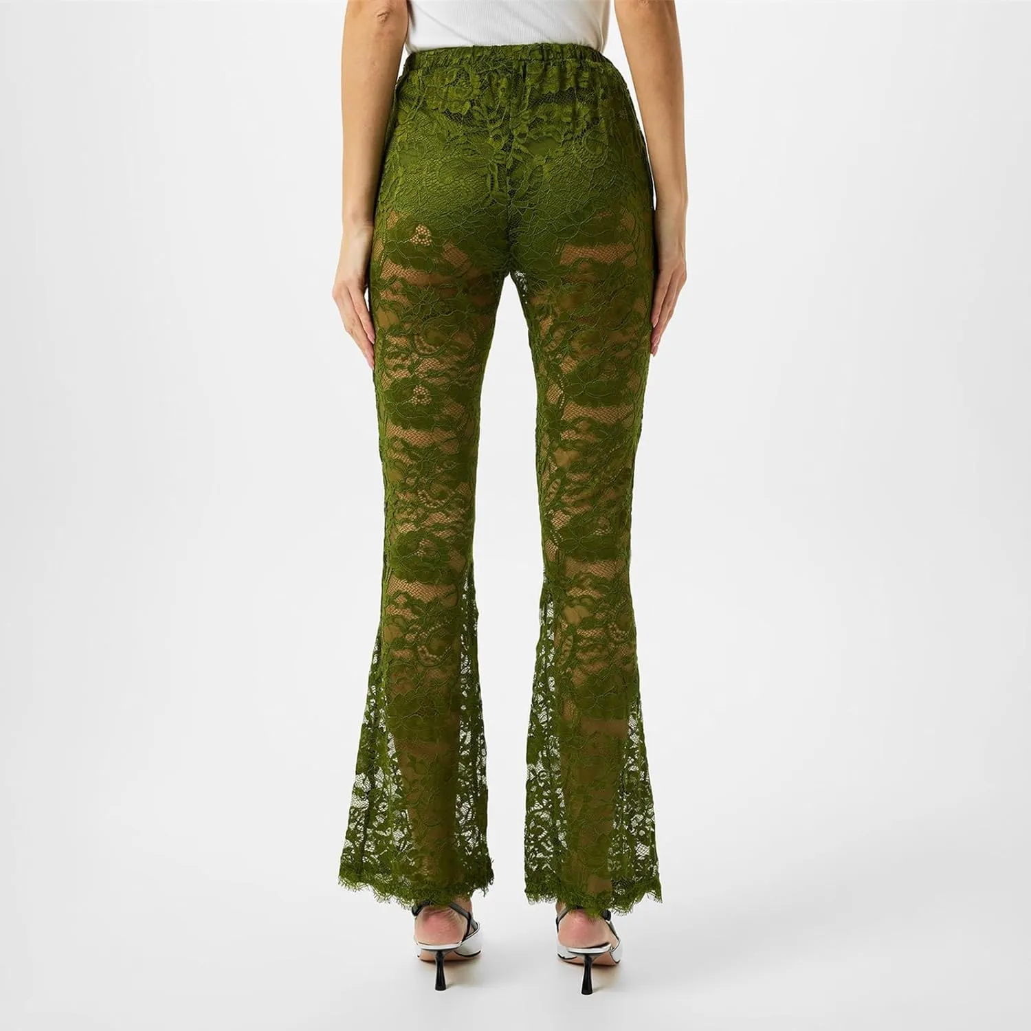 Women's Sheer Lace Flare Pants Sexy See Through High Waist Leggings Gothic Floral Bell-Bottoms Trousers Streetwear