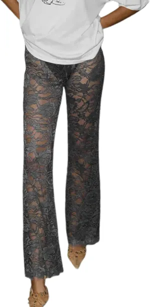 Women's Sheer Lace Flare Pants Sexy See Through High Waist Leggings Gothic Floral Bell-Bottoms Trousers Streetwear