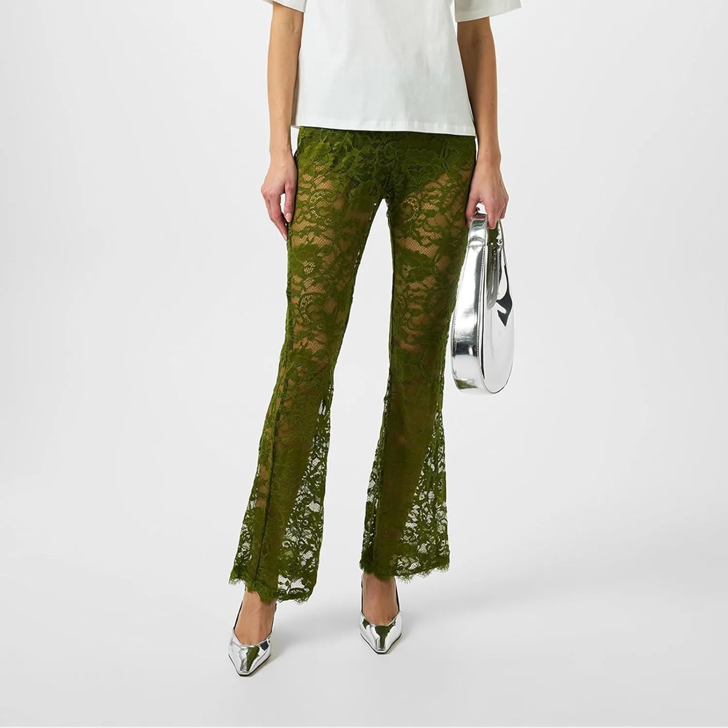 Women's Sheer Lace Flare Pants Sexy See Through High Waist Leggings Gothic Floral Bell-Bottoms Trousers Streetwear