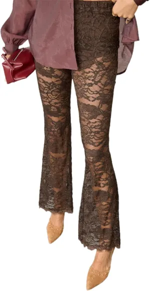 Women's Sheer Lace Flare Pants Sexy See Through High Waist Leggings Gothic Floral Bell-Bottoms Trousers Streetwear