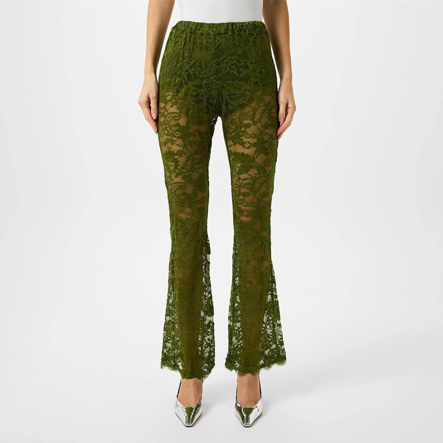 Women's Sheer Lace Flare Pants Sexy See Through High Waist Leggings Gothic Floral Bell-Bottoms Trousers Streetwear